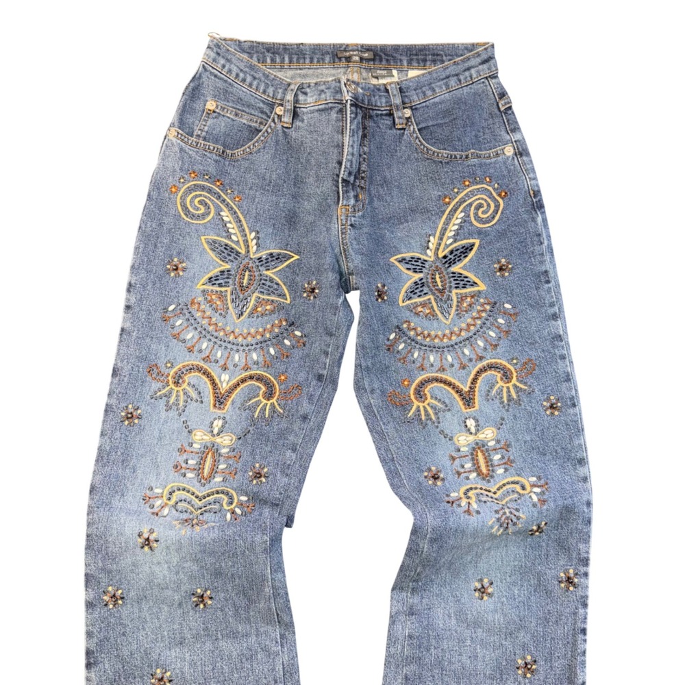 Street One Ronja Embroidered Beaded Jeans 28 Long Y2K Boho Flare Blue Denim